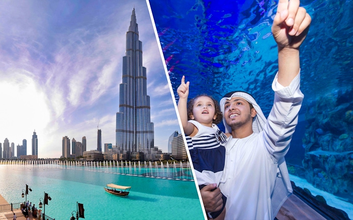 Burj Khalifa view and family exploring Dubai Aquarium Underwater Zoo.