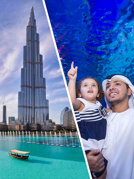 Burj Khalifa view and family exploring Dubai Aquarium Underwater Zoo.
