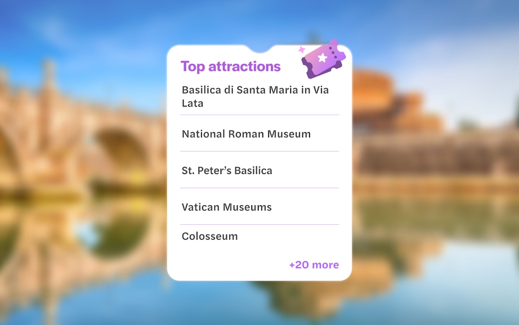 Top attractions in Rome: Basilica di Santa Maria, National Roman Museum, St. Peter’s Basilica, Vatican Museums, Colosseum.
