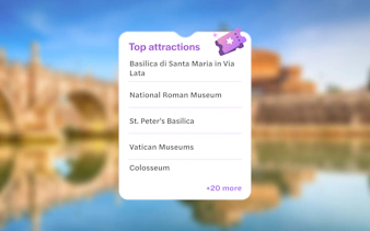 Top attractions in Rome: Basilica di Santa Maria, National Roman Museum, St. Peter’s Basilica, Vatican Museums, Colosseum.