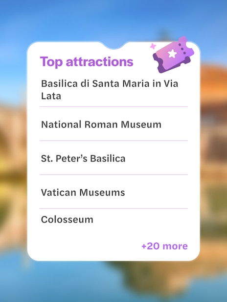 Top attractions in Rome: Basilica di Santa Maria, National Roman Museum, St. Peter’s Basilica, Vatican Museums, Colosseum.