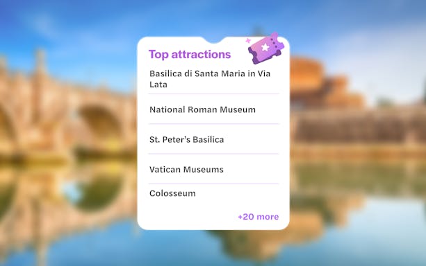 Top attractions in Rome: Basilica di Santa Maria, National Roman Museum, St. Peter’s Basilica, Vatican Museums, Colosseum.