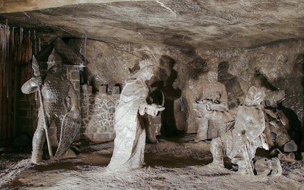 Salt sculptures depicting historical figures in Wieliczka Salt Mine, Poland.