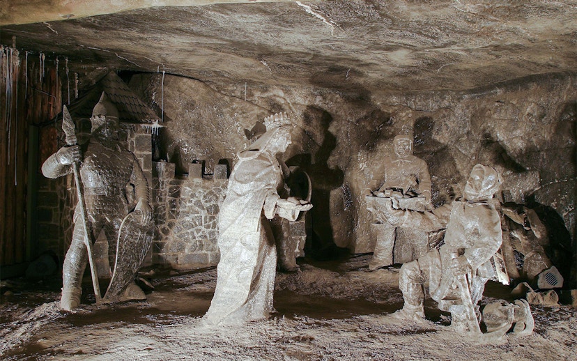 Salt sculptures depicting historical figures in Wieliczka Salt Mine, Poland.