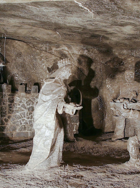 Salt sculptures depicting historical figures in Wieliczka Salt Mine, Poland.