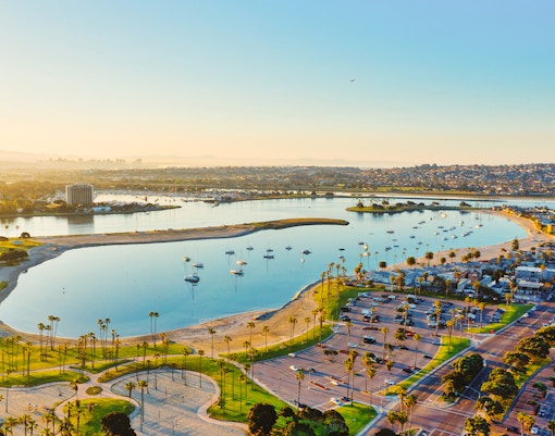 San Diego skyline with iconic buildings and waterfront view.