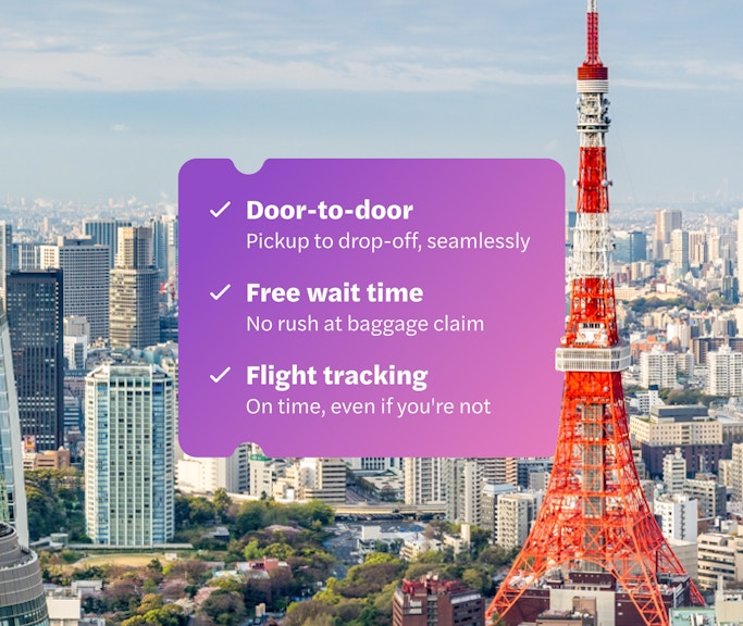 Tokyo skyline with Tokyo Tower and service features overlay, Japan.