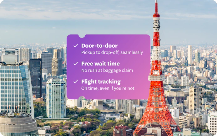 Tokyo skyline with Tokyo Tower and service features overlay, Japan.