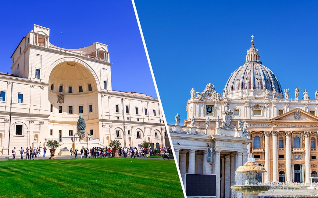 Vatican Museums courtyard and St. Peter’s Basilica Dome in Vatican City.