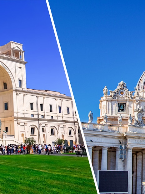 Vatican Museums courtyard and St. Peter’s Basilica Dome in Vatican City.