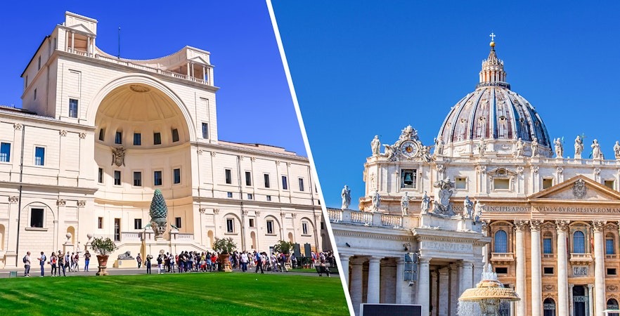Vatican Museums courtyard and St. Peter’s Basilica Dome in Vatican City.