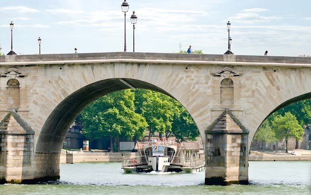 Seine River cruise boat passing under a stone bridge in Paris.