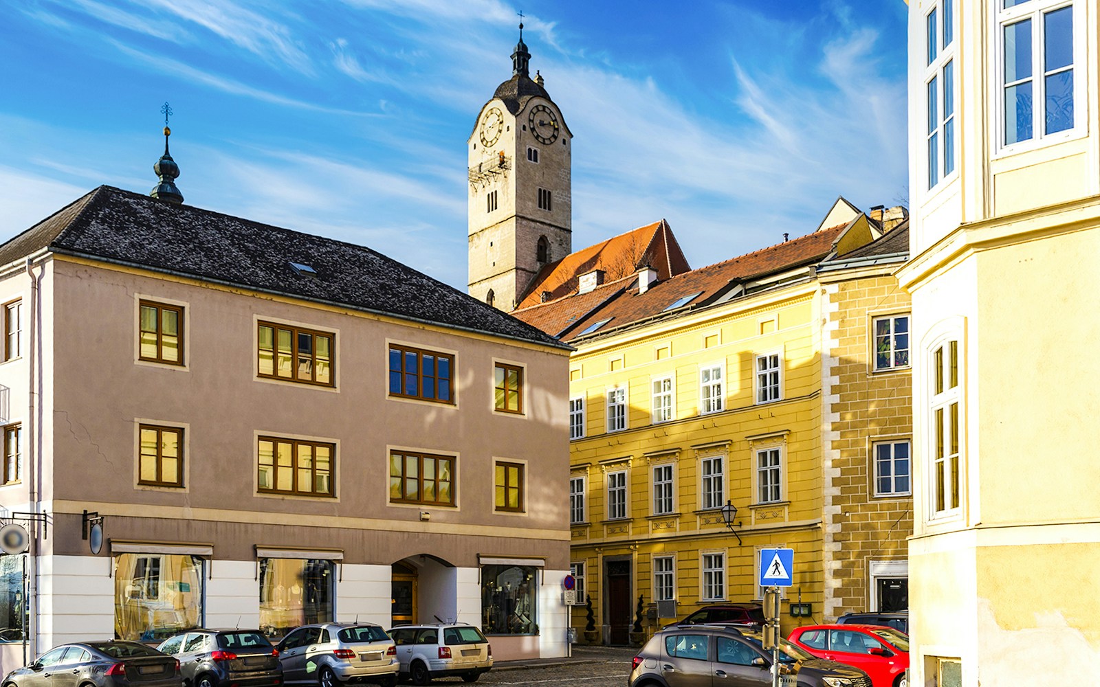 Clock tower and historic buildings in Krems an der Donau, Wachau Valley, Austria.