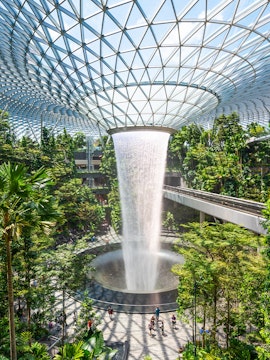 Jewel Changi indoor waterfall surrounded by lush greenery in Singapore.
