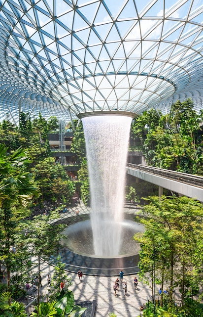 Jewel Changi indoor waterfall surrounded by lush greenery in Singapore.