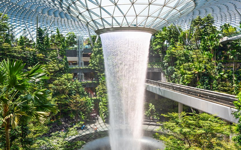 Jewel Changi indoor waterfall surrounded by lush greenery in Singapore.