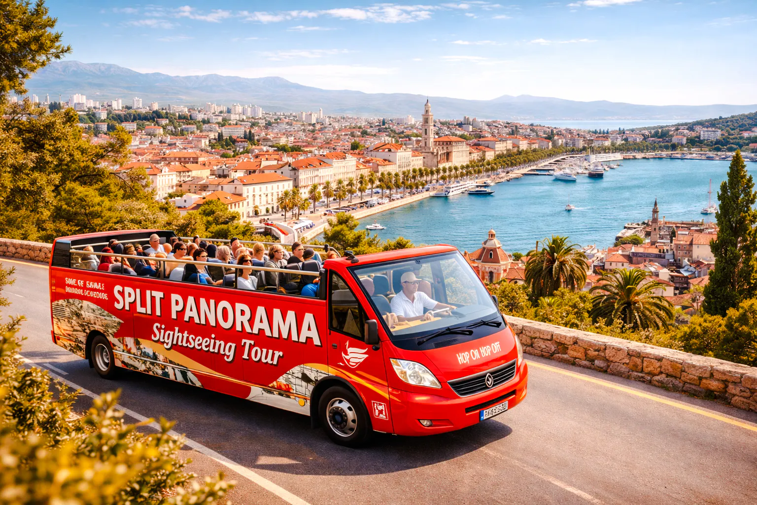 Open-top bus on Split City Tour with view of Split harbor and historic buildings.