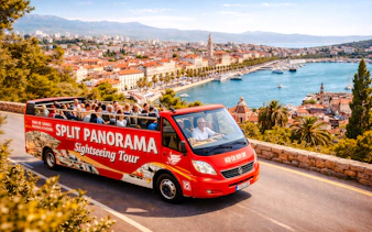 Open-top bus on Split City Tour with view of Split harbor and historic buildings.