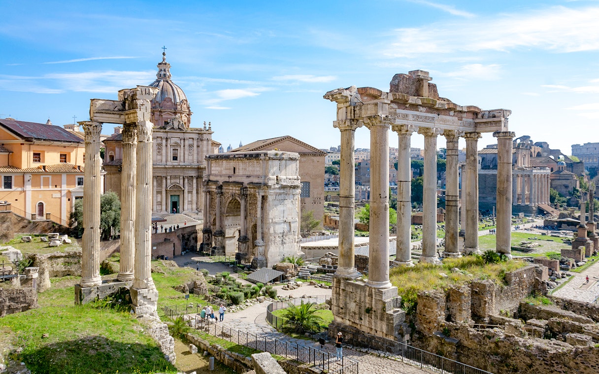 Palatine Hill ruins with Roman Forum columns in Rome, Italy.