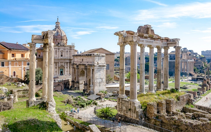 Palatine Hill ruins with Roman Forum columns in Rome, Italy.
