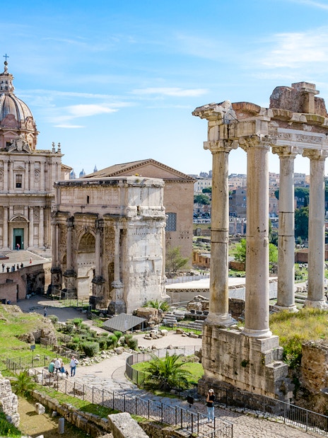 Palatine Hill ruins with Roman Forum columns in Rome, Italy.