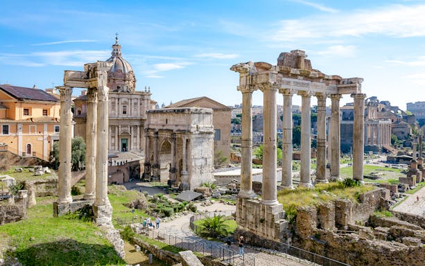 Palatine Hill ruins with Roman Forum columns in Rome, Italy.