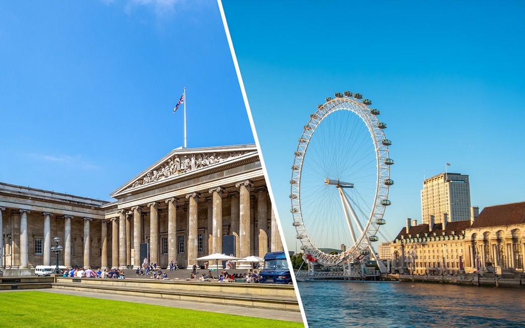 British Museum facade and London Eye on a sunny day in London.