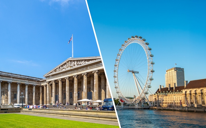 British Museum facade and London Eye on a sunny day in London.