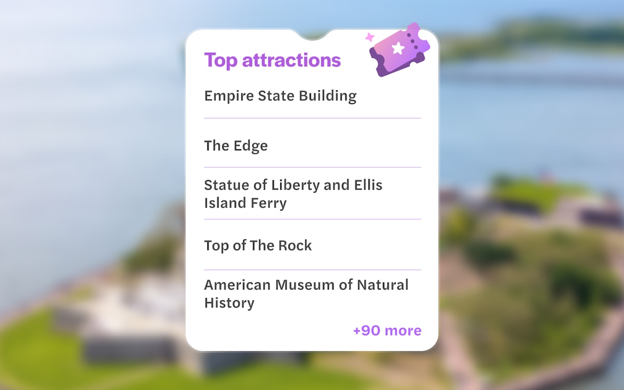 Top New York attractions list for Go City Explorer Pass, including Empire State Building and Statue of Liberty.