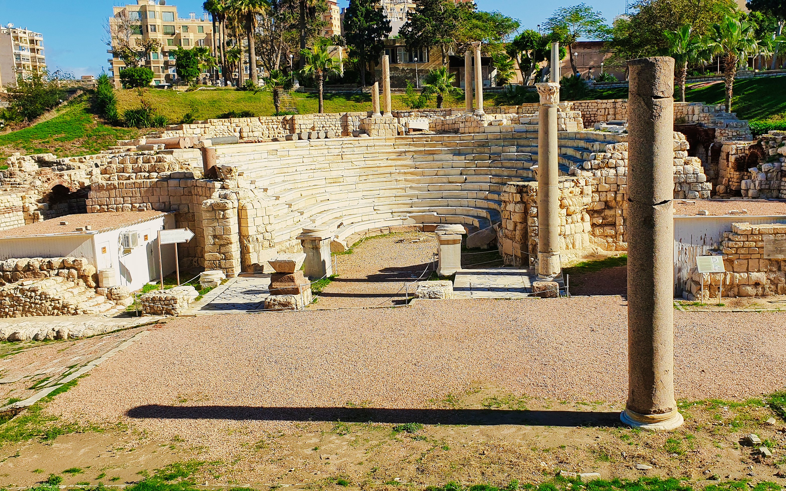 Ancient Roman Theatre ruins with stone seating and columns in Kom El-Deka, Alexandria.