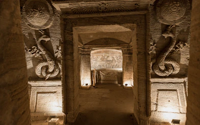 Ancient carvings inside the Catacombs of Kom el Shoqafa, Alexandria, Egypt.