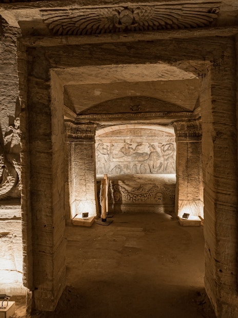 Ancient carvings inside the Catacombs of Kom el Shoqafa, Alexandria, Egypt.