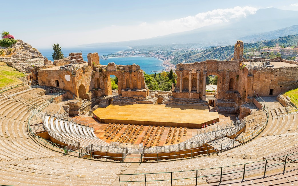 Ancient Greek Theater of Taormina overlooking the sea in Province of Messina, Sicily.