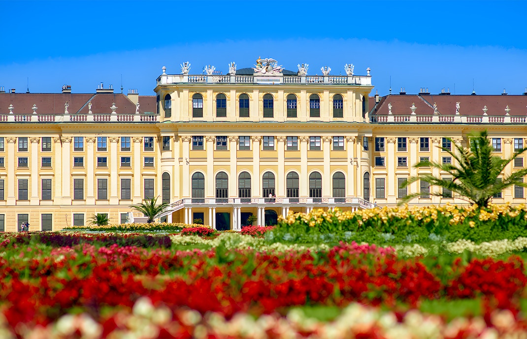 Schönbrunn Palace with vibrant gardens in Vienna, Austria.