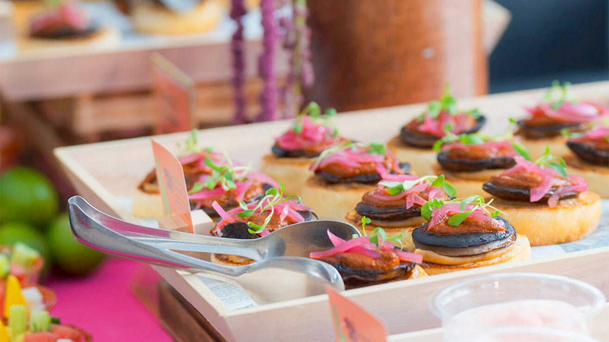 Food platter with appetizers at Pine Tree Café, New York Botanical Garden.