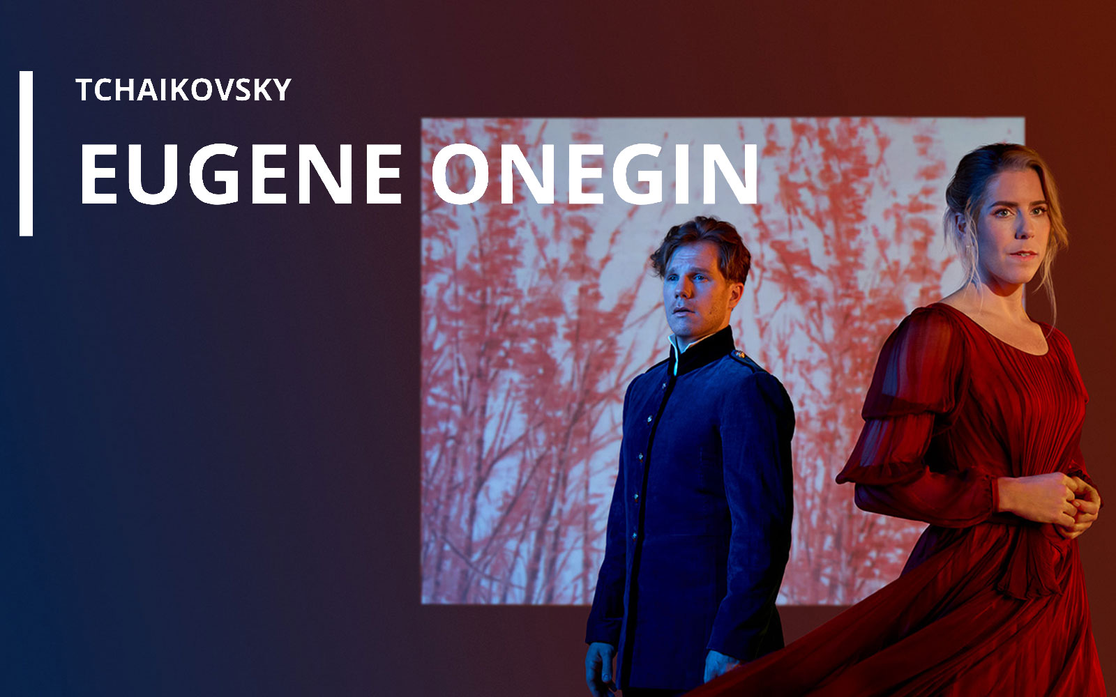 Eugene Onegin show poster with two performers in period costumes.