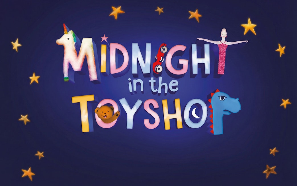 Midnight in the Toyshop West End show logo with stars and toy characters.