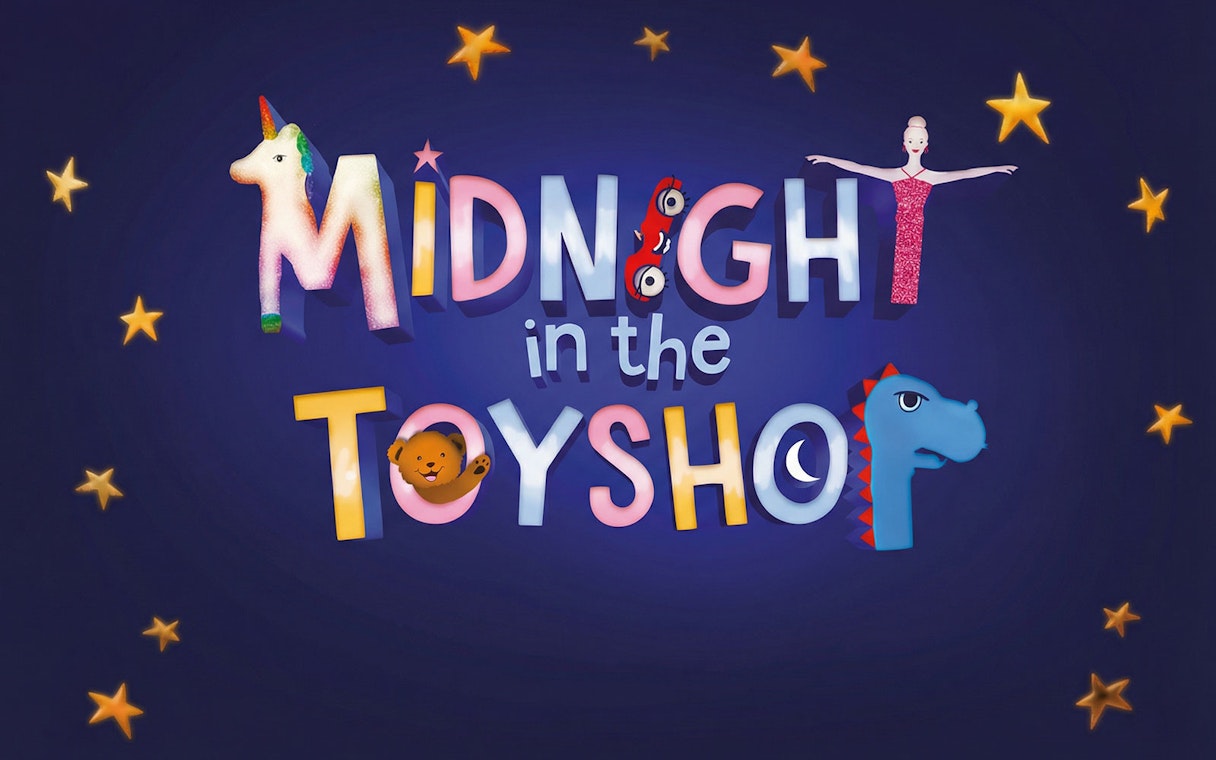 Midnight in the Toyshop West End show logo with stars and toy characters.