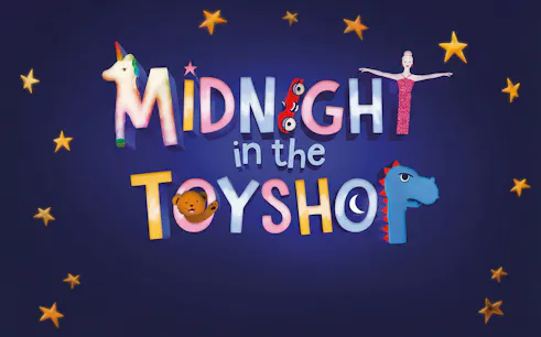 Midnight in the Toyshop West End show logo with stars and toy characters.