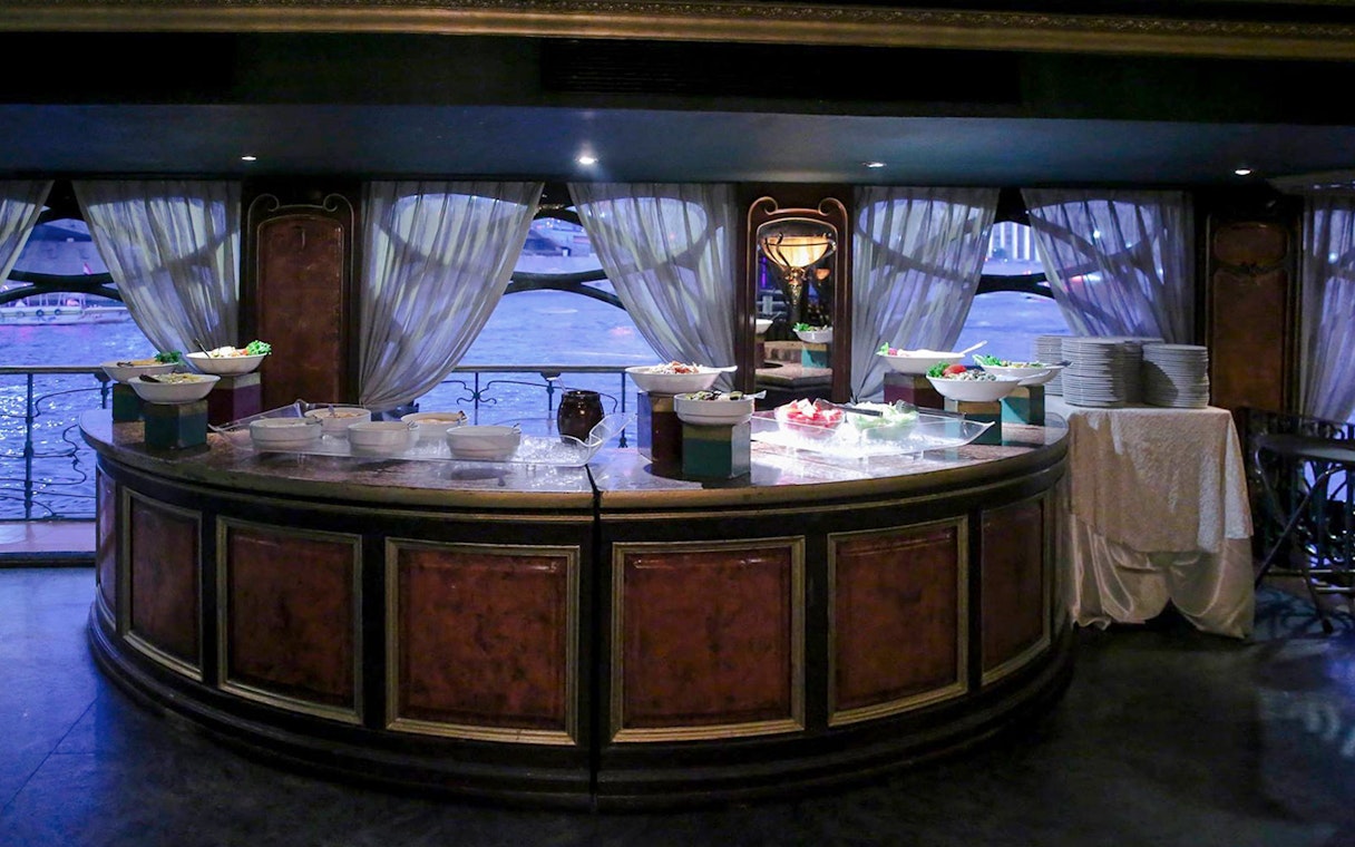 Buffet setup in dining area on Luxury Nile Dinner Cruise.