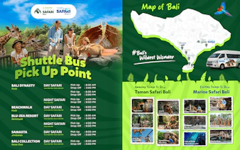 Shuttle bus schedule for Bali Safari tours with map and attractions list.