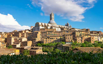 Siena Cathedral rising above the medieval hilltop town of Siena, Tuscany, Italy.