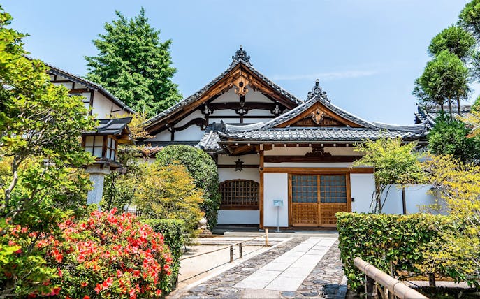 Traditional Japanese building with garden in Arashiyama, Kyoto.