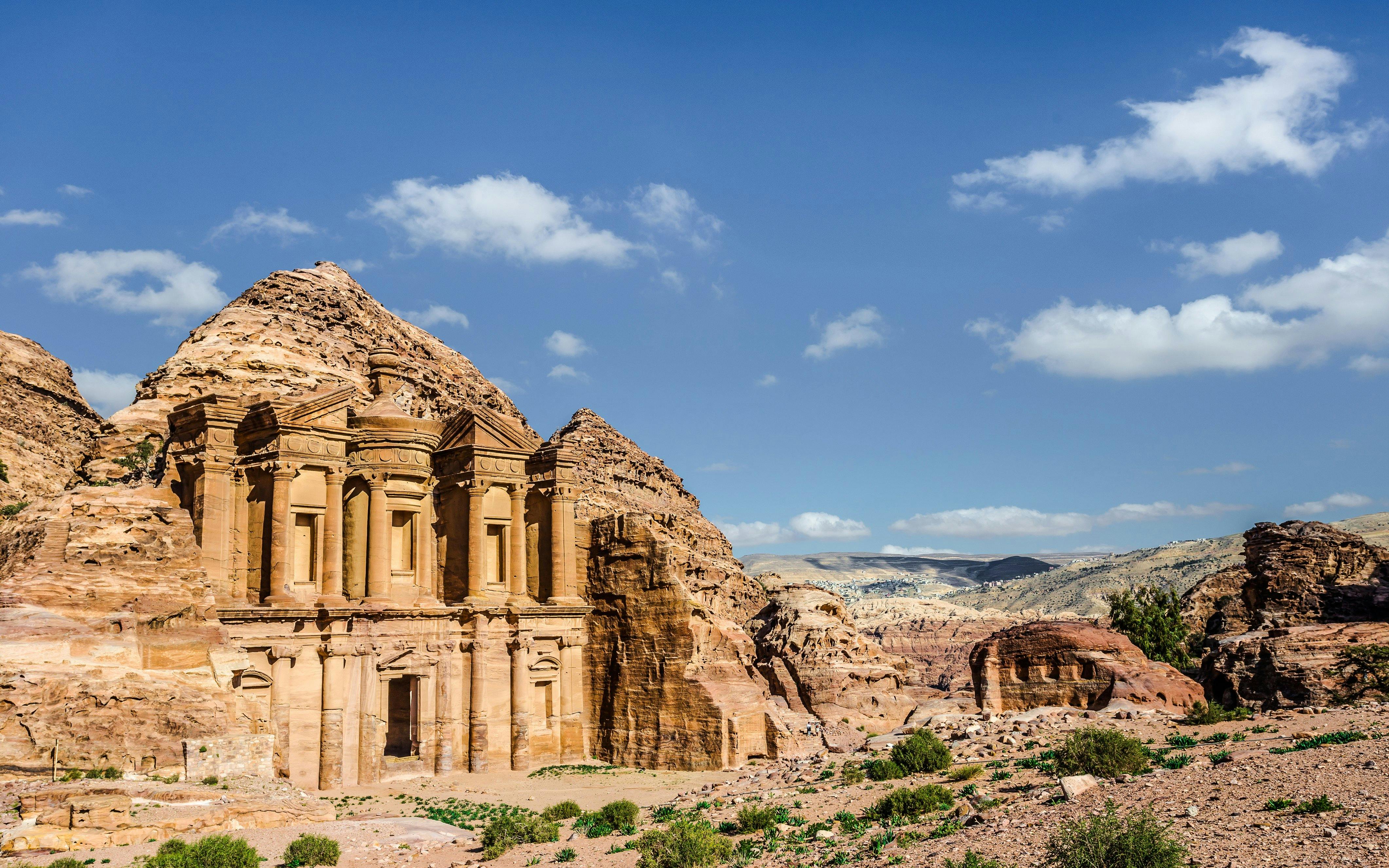 Side view of Ad Deir, Petra's ancient rock-cut monastery in Jordan.