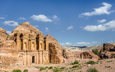 Side view of Ad Deir, Petra's ancient rock-cut monastery in Jordan.