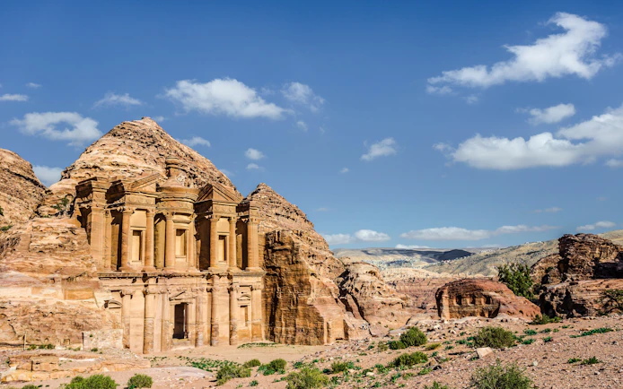 Side view of Ad Deir, Petra's ancient rock-cut monastery in Jordan.