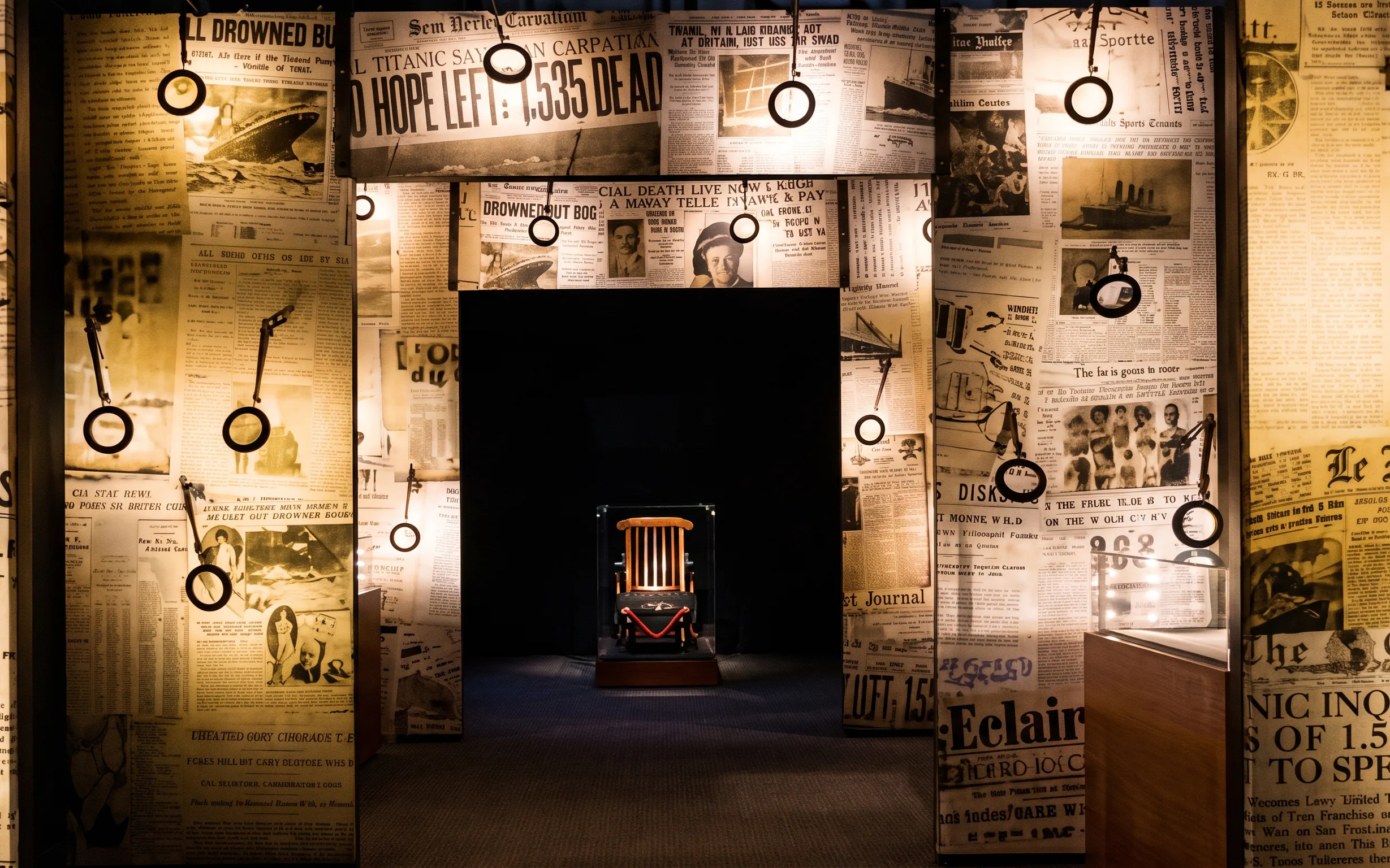 Titanic exhibit with vintage newspapers and a wooden chair in Houston.
