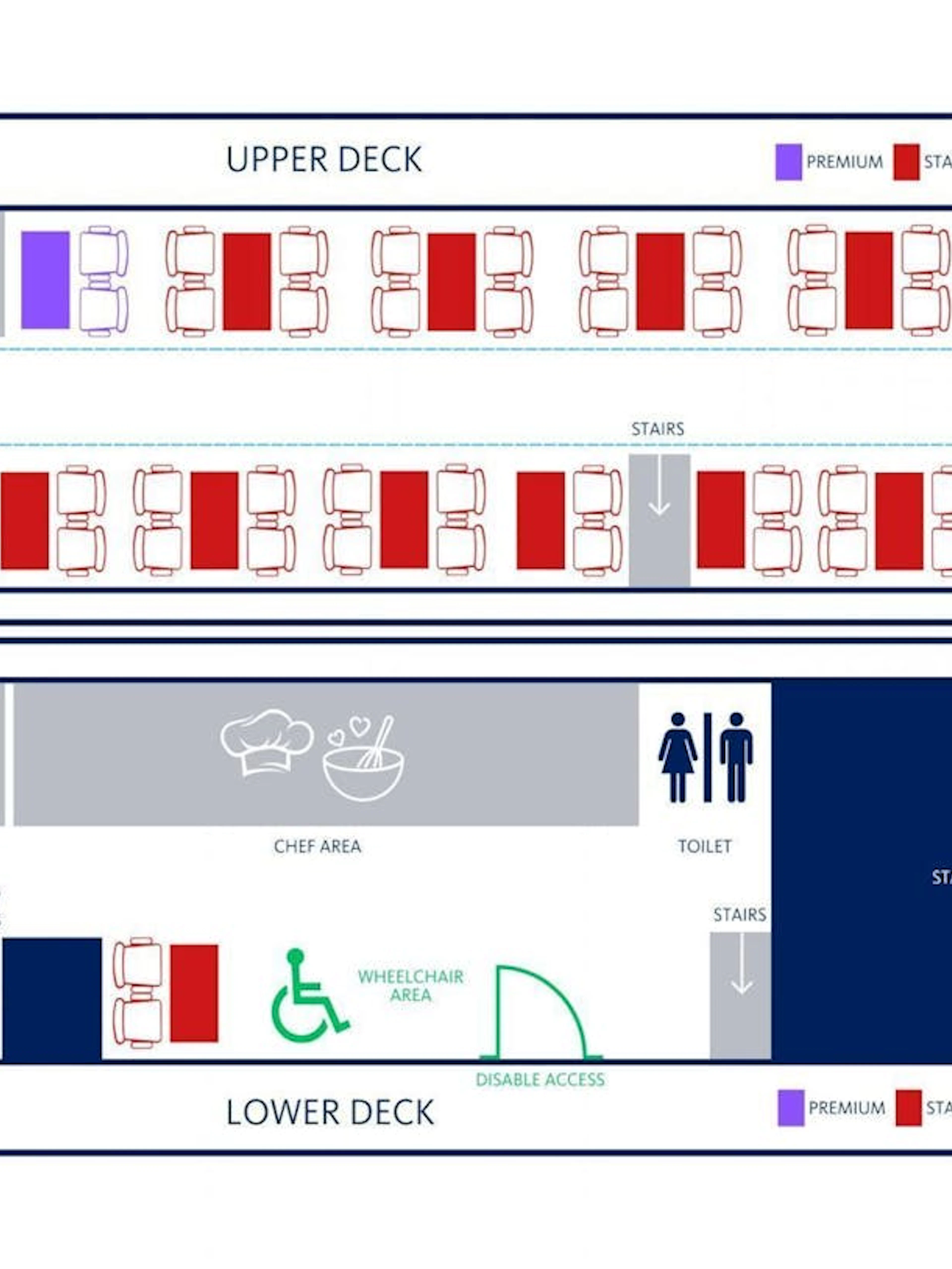 Bus seating layout for London Halloween Afternoon Tea Tour with premium and standard seats.