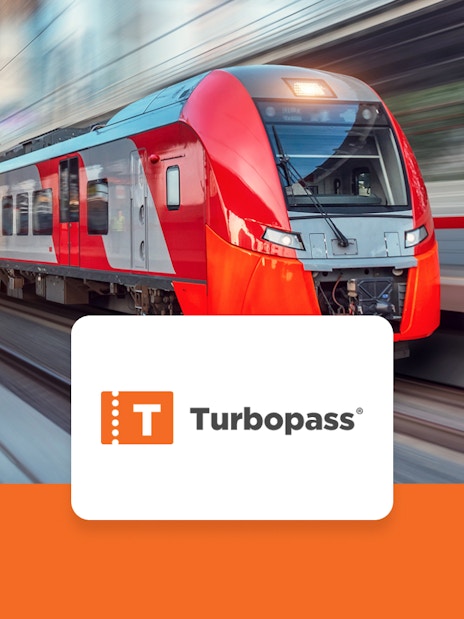 Munich train with Turbopass logo, highlighting free public transport and discounts.