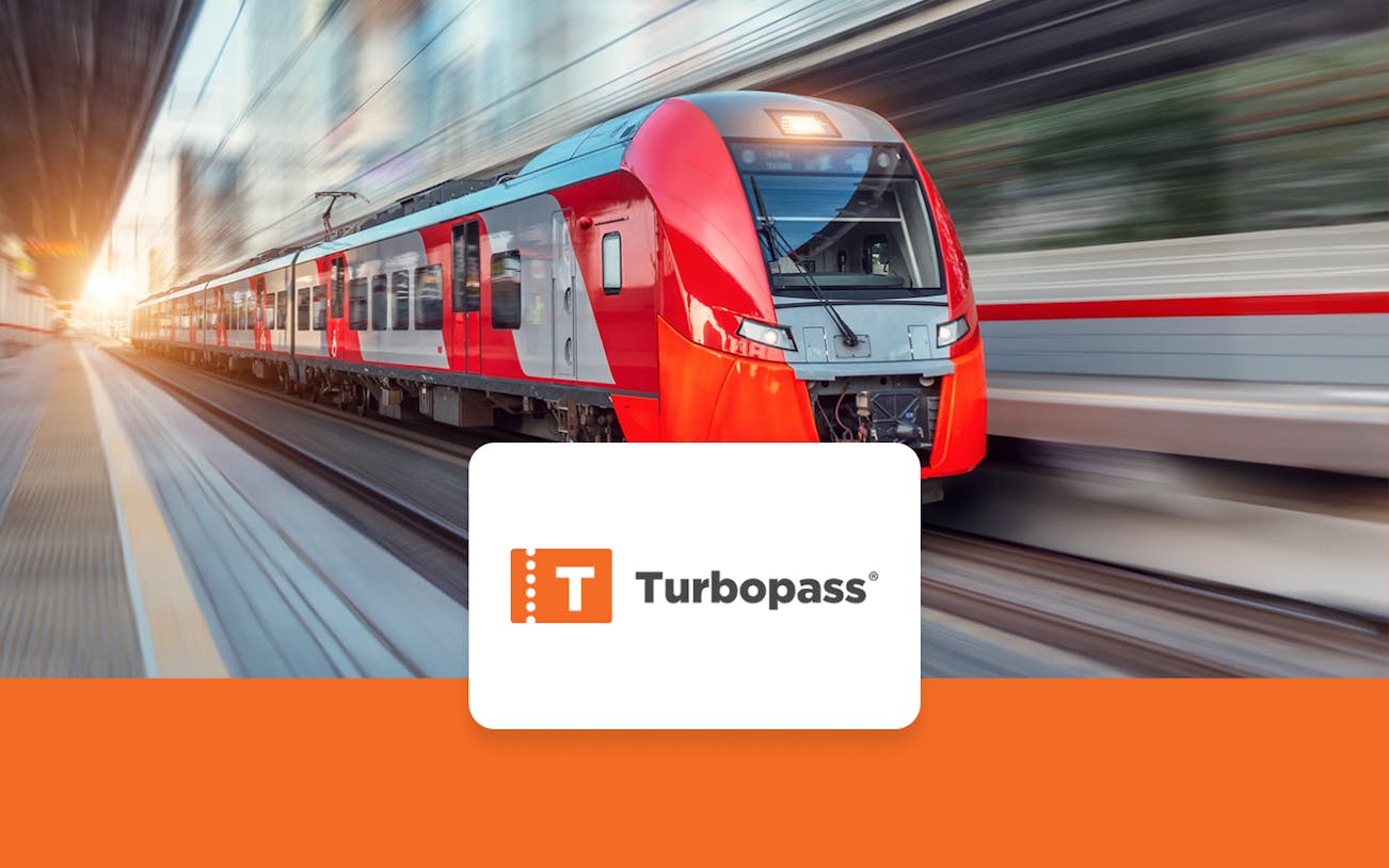 Munich train with Turbopass logo, highlighting free public transport and discounts.